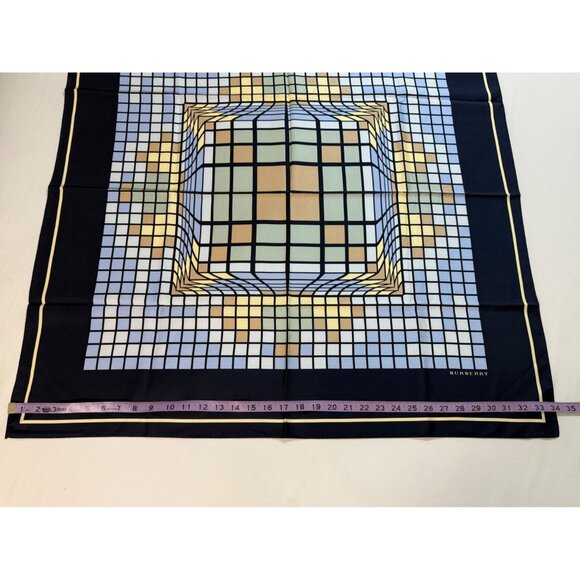 Burberry Silk Scarf 34” Op-Art Grid Navy Italian Retro Vintage New w/o Tags - Picture 6 of 9
